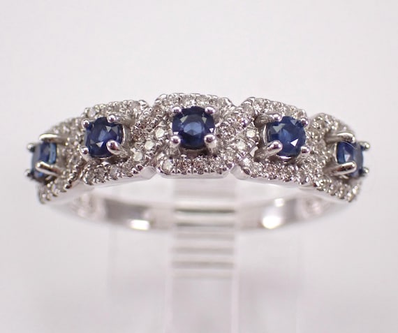 Sapphire and Diamond Wedding Ring, White Gold Gemstone Anniversary Band, Dainty September Birthday Fine Jewelry Gift