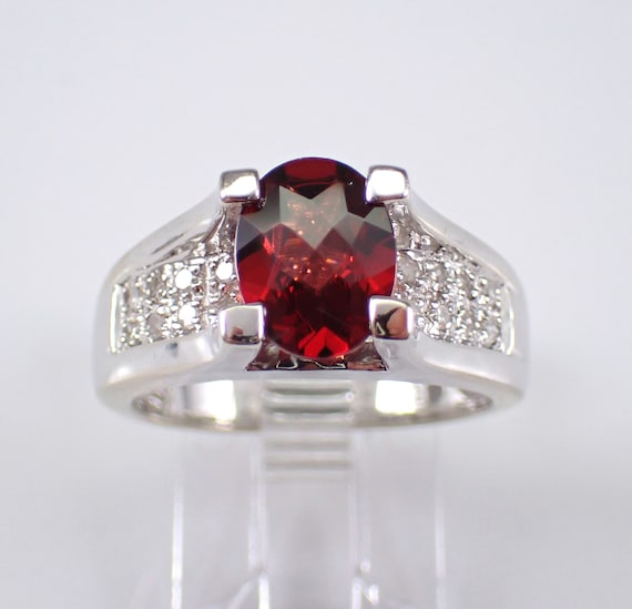 Garnet and Diamond Engagement Ring - 14K White Gold Pave Setting - January Birthstone Fine Jewelry Gift