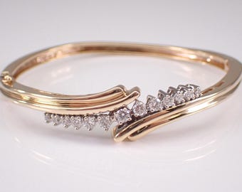 Vintage 14K Yellow Gold Diamond Bangle Bracelet - Estate Bypass Crossover Statement Jewelry Gift