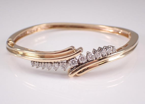 Vintage 14K Yellow Gold Diamond Bangle Bracelet - Estate Bypass Crossover Statement Jewelry Gift