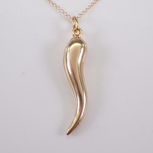 Vintage 14K żółte złoto włoski urok róg, duży wisiorek ochronny na szczęście, naszyjnik łańcuszek dla niego dla niej unisex