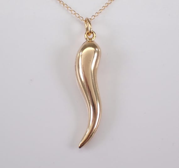 Vintage 14K Yellow Gold ITALIAN HORN Charm, Large Good Luck Protection Pendant, Estate Necklace Chain for Him Her Unisex