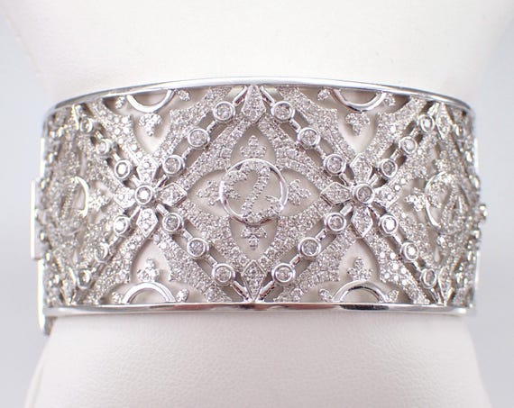 14K White Gold Diamond Bangle Bracelet - Unique Wide Chunky Statement Fine Jewelry - Bridal Wedding Anniversary Gift