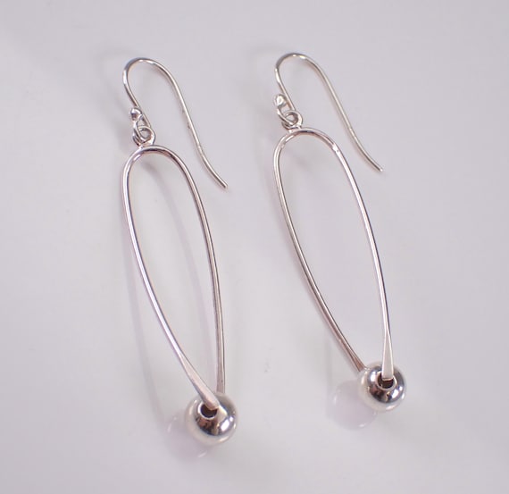 Sterling Silver Vintage Dangle Earrings - Long Twisted Oval with Bead Shape on Kidney Wire