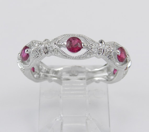 Ruby and Diamond Wedding Ring - 18K White Gold Bridal Jewelry - Eternity Anniversary Band - July Birthstone Gemstone Gift