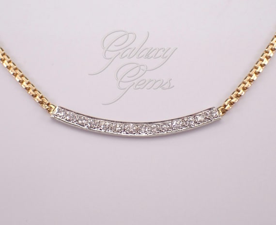 Vintage 14K Yellow Gold Diamond Bar Necklace: Two Toned Estate Choker Station Pendant and Chain