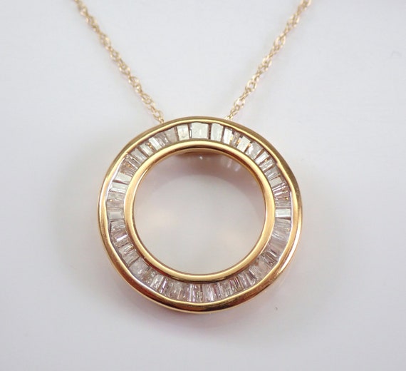 Diamond Circle of Life Choker Necklace, Yellow Gold Baguette Charm Pendant and Chain, Unique Fine Jewelry Gift