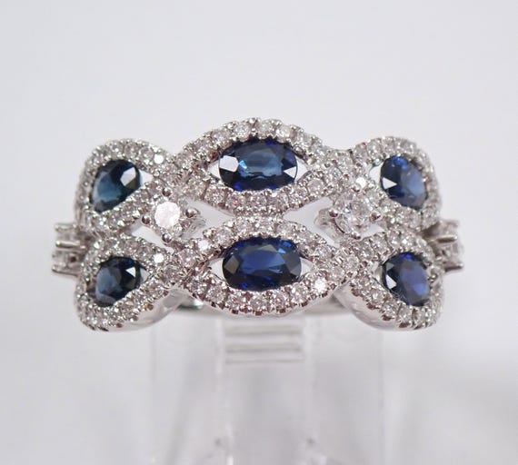 14K White Gold Sapphire Anniversary Ring - Multi Row Diamond Halo Wedding Band - Unique Gemstone Bridal Jewelry Gift