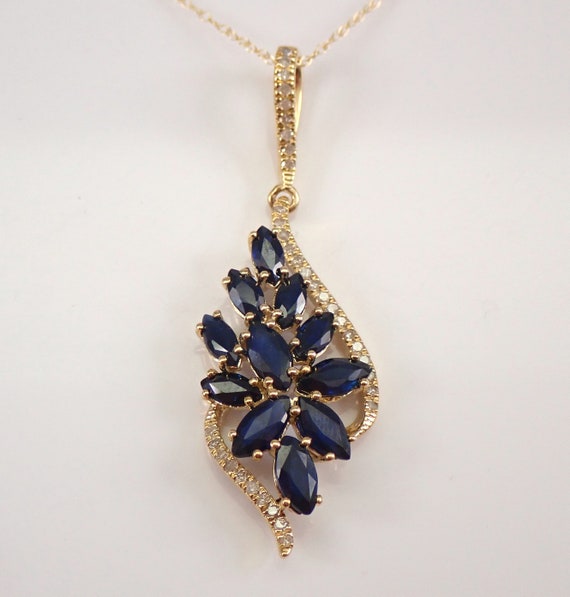 Yellow Gold Diamond and Sapphire Drop Pendant Cluster Necklace 18" Chain September Gemstone