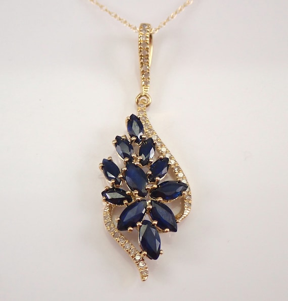 Yellow Gold Sapphire Pendant and Chain - Diamond and Gemstone Cluster Necklace - September Gemstone Fine Jewelry Gift
