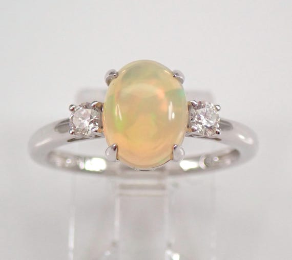 14K White Gold Opal Ring, Simple Diamond Engagement Promise Setting, October Birthstone Gemstone Fine Jewelry Gift
