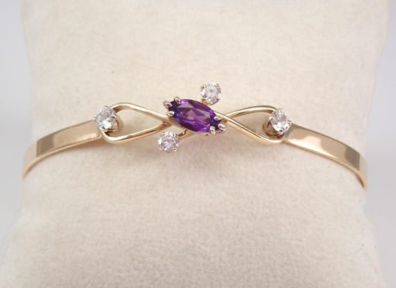 Antique Amethyst Bangle Bracelet, Victorian Solid 14K Yellow Gold Cuff, Vintage Fine Jewelry Gift