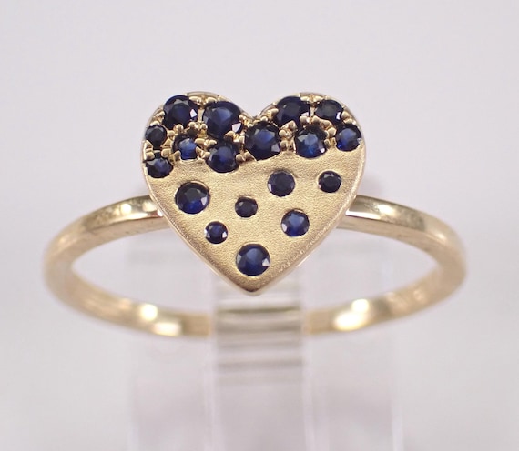 Yellow Gold Sapphire Heart Ring: Dainty Signet Style Promise Band