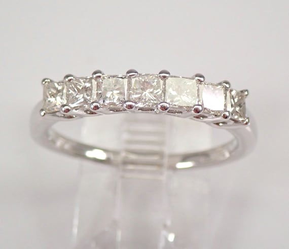 14K White Gold Diamond Wedding Ring: Square Princess Cut Anniversary Band
