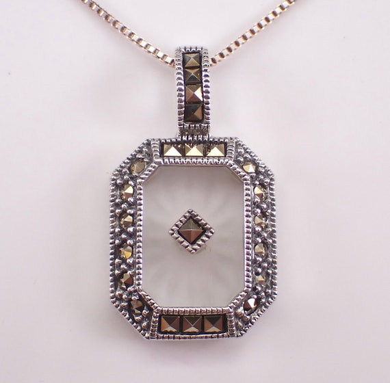 Sterling Silver Camphor Glass Marcasite Necklace, Judith Jack Charm Pendant and Chain