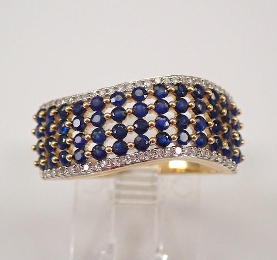 Genuine Sapphire Wave Ring - Yellow Gold Wedding Anniversary Band - September Gemstone Cluster Ring