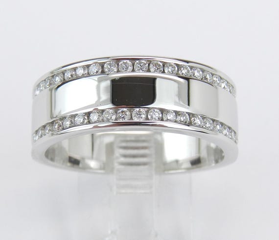Mens 14K White Gold Diamond Wedding Ring - Wide Stackable Anniversary Band - Bridal Fine Jewelry Groom Gift