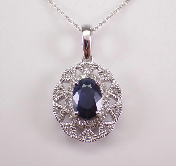 White Gold Sapphire Pendant and Chain - Diamond Halo Snowflake Charm Necklace - September Birthstone Jewelry Gift