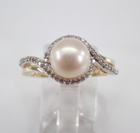 Pearl and Diamond Engagement Ring - Yellow Gold Dainty Bridal Setting - June Birthstone Fine Jewelry Gift