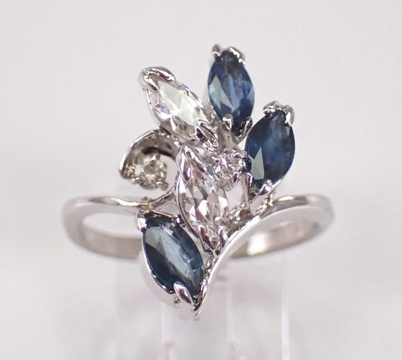 Vintage Sterling Silver Sapphire Ring - Cubic Zirconia Cluster Anniversary Band - Unique Estate Gemstone Jewelry Gift