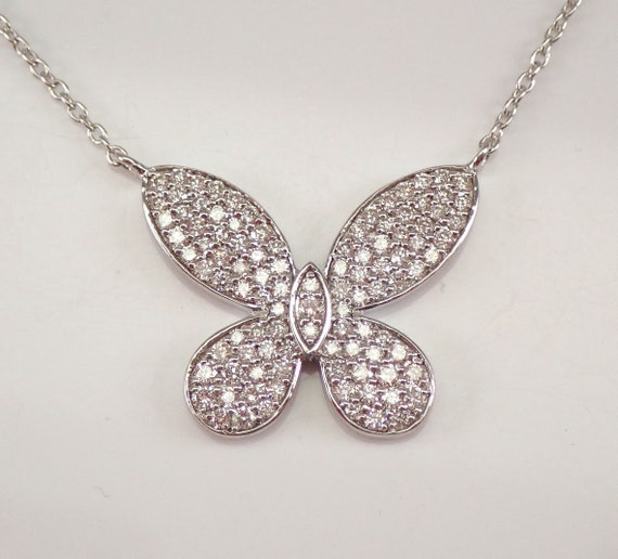 18K White Gold Diamond Butterfly Necklace - Butterfly Station Pendant - Adjustable 18 inch Choker Chain