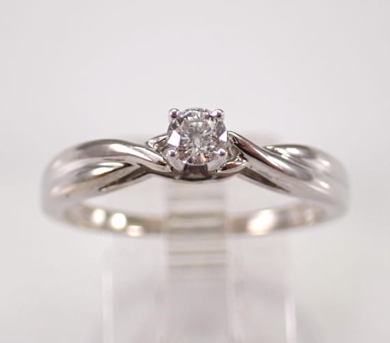 14K White Gold Diamond Ring - Solitaire Bridal Engagement Gift - Simple Dainty Crossover Band