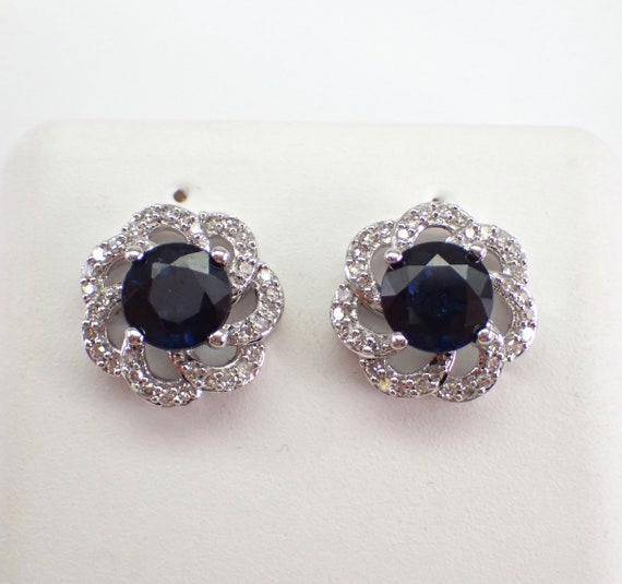 Sapphire and Diamond Stud Earrings - 14K White Gold Flower Halo Setting - September Birthstone Fine Jewelry Gift