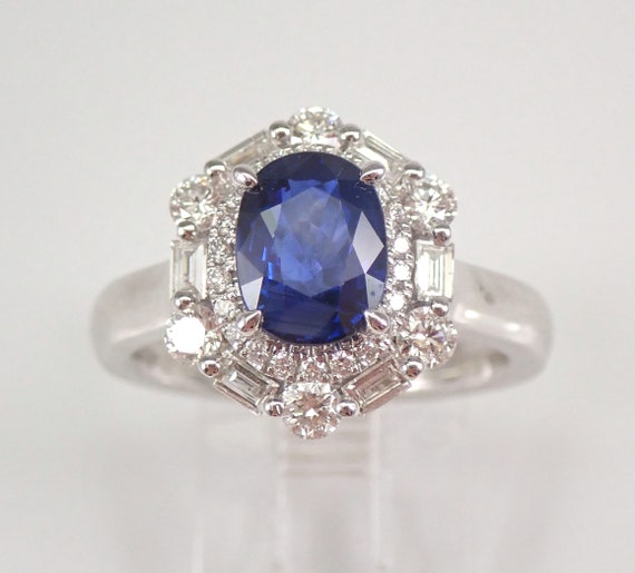 18K White Gold Sapphire Engagement Ring - Baguette and Round Halo Setting - September Gemstone Jewelry Gift