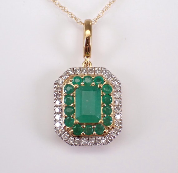 Yellow Gold Emerald Charm Pendant - Diamond Halo Necklace with Chain - Gemstone Cluster Jewelry Gift
