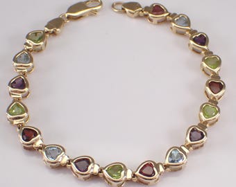Vintage Multi Color Gemstone Bracelet - 14K Yellow Gold Bezel Heart Links - Amethyst Blue Topaz Garnet Peridot