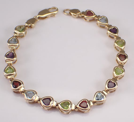 Vintage Multi Color Gemstone Bracelet - 14K Yellow Gold Bezel Heart Links - Amethyst Blue Topaz Garnet Peridot