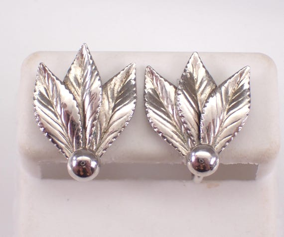Vintage Sterling Silver Earrings, Non Pierced Screwback Triple Leaf Clip Ons