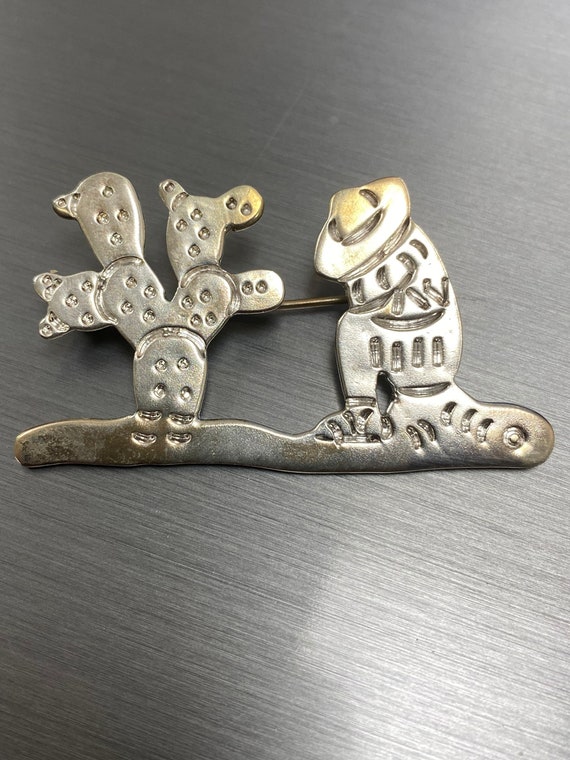 Vintage Sterling Silver Brooch, Aztec Artisan Southwest Pin, Cactus Desert Wester Scene