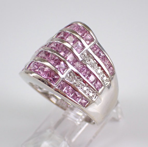 Pink Sapphire and Diamond Ring - Large 14k White … - image 4