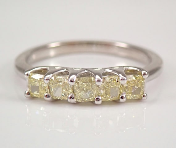 Cushion Cut Yellow Diamond Wedding Band, Solid 14K White Gold 5-Stone Anniversary Ring, Genuine Bridal Jewelry