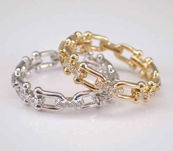 18K Gold CHAIN LINK Diamond Eternity Ring - Unique Chainlink Anniversary Band - Stackable Bridal Jewelry Wedding Gift