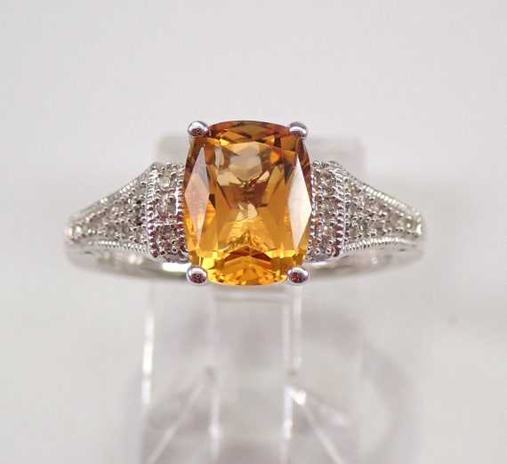 Citrine Engagement Ring in Solid White Gold, Diamond accent Citrine Ring, Natural November Birthstone Jewelry for Her