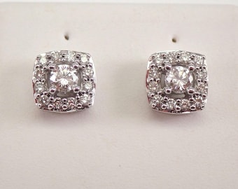 White Gold Diamond Stud Earrings - Halo Cushion Shape Cluster Studs - Bridal Wedding Fine Jewelry Gift