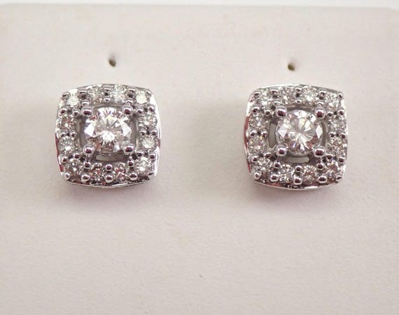 White Gold Diamond Stud Earrings - Halo Cushion Shape Cluster Studs - Bridal Wedding Fine Jewelry Gift