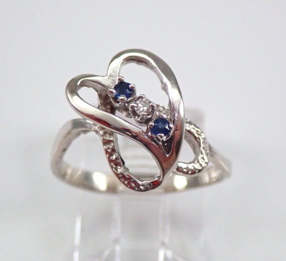 Vintage 14K White Gold Heart Ring, Genuine Sapphire and Diamond Gemstones, Unique Mothers or Best Friend Gift