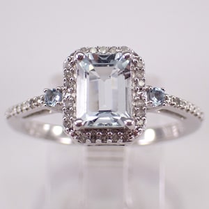 Aquamarine and Diamond Engagement Ring - White Gold Bridal Halo Setting - Aqua Marine March Gemstone Jewelry Gift