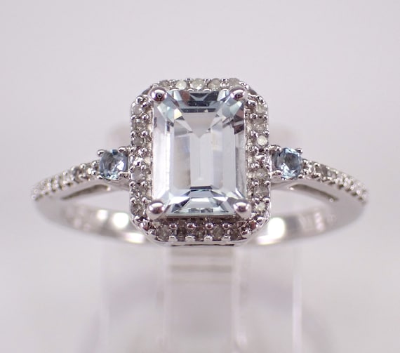 Aquamarine and Diamond Engagement Ring - White Gold Bridal Halo Setting - Aqua Marine March Gemstone Jewelry Gift