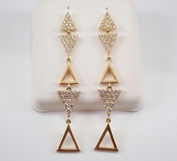 14K Yellow Gold Geometric Diamond Earrings, Long Triangle Dangle Earring Design, Modern Fine Jewelry