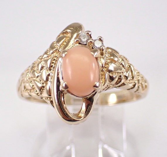 Vintage 14K Yellow Gold Coral Ring, Unique Estate Diamond Accent Right Hand Band, Textured Gemstone Fine Jewelry Gift