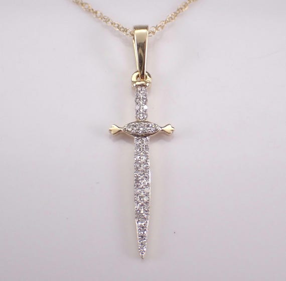 Yellow Gold Diamond Dagger Pendant and Chain, Spear Blade Knife Charm Necklace, Unique Dainty Jewelry Gift