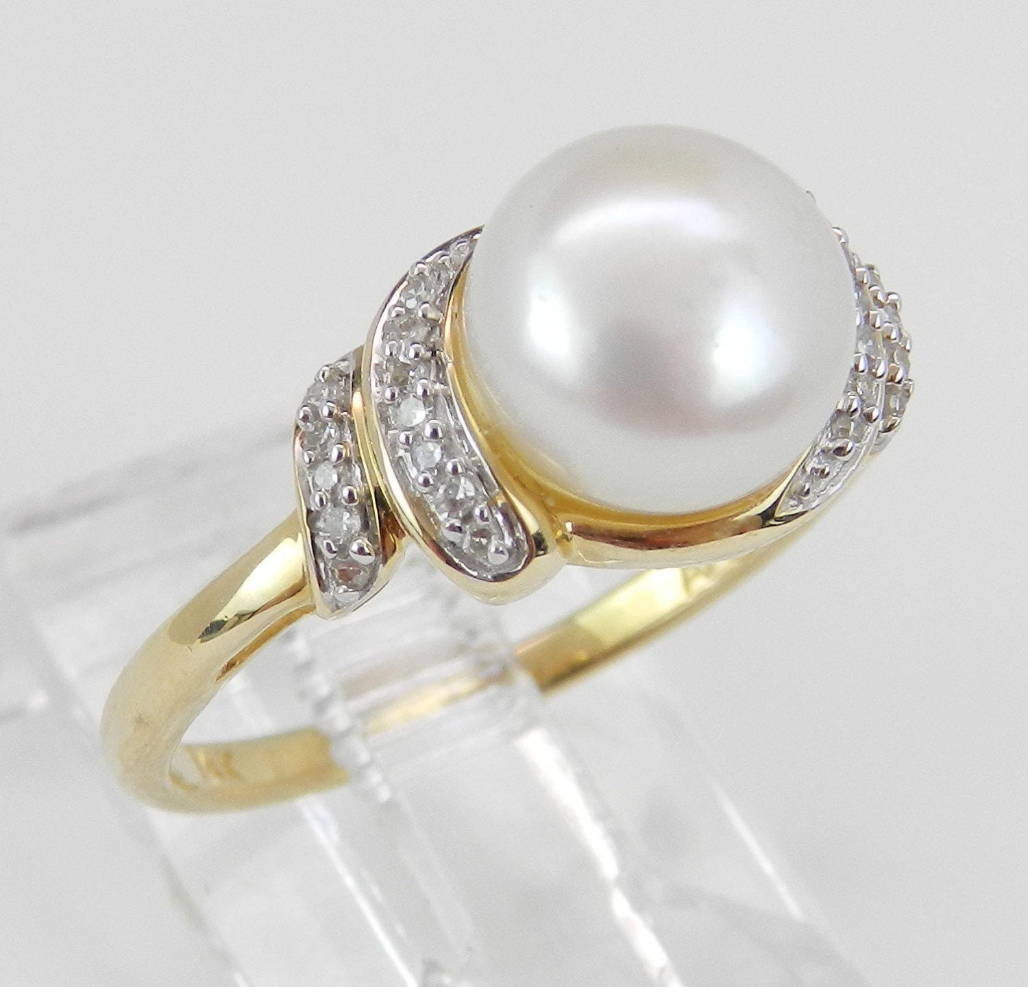 14K Yellow Gold Diamond and Pearl Engagement Ring Promise Ring Size 7