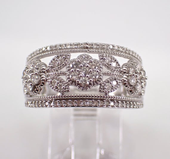Diamond Flower Anniversary Band - White Gold Cluster Wedding Ring - Unique Stackable Bridal Fine Jewelry Gift