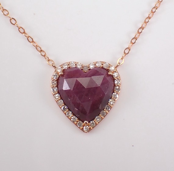 Ruby and Diamond Heart Necklace - 14K Rose Gold Gemstone Choker Chain - July Birthstone Charm Pendant Jewelry Gift