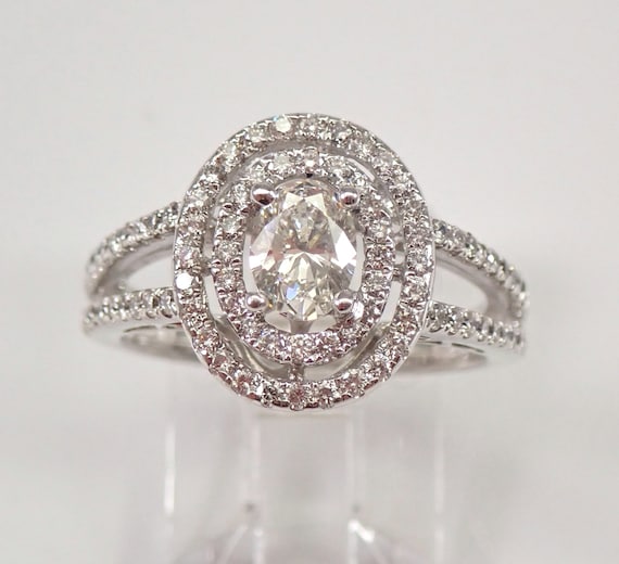 18K White Gold Diamond Engagement Ring - Double Halo Oval Setting - Bridal Fine Jewelry Promise Gift