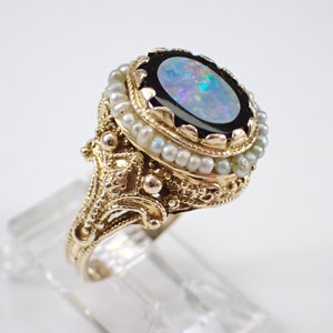 30s Antique Opal and Onyx Inlay Ring - Victorian Seed Pearl Halo Setting - 14K Yellow Gold Art Deco Jewelry